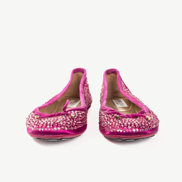 Jimmy Choo Weber Fuchsia Crystal-Embellished Satin Bow Ballet Flats - Picture 3 of 11